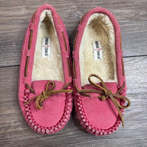 Minnetonka Cassie Moc Slippers Girls Size 1 Pink Suede Leather Faux Fur Lining - Picture 4 of 9